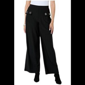 WynneLayers Women's Luxe Crepe Grommet Detail Wide Leg Black - Regular